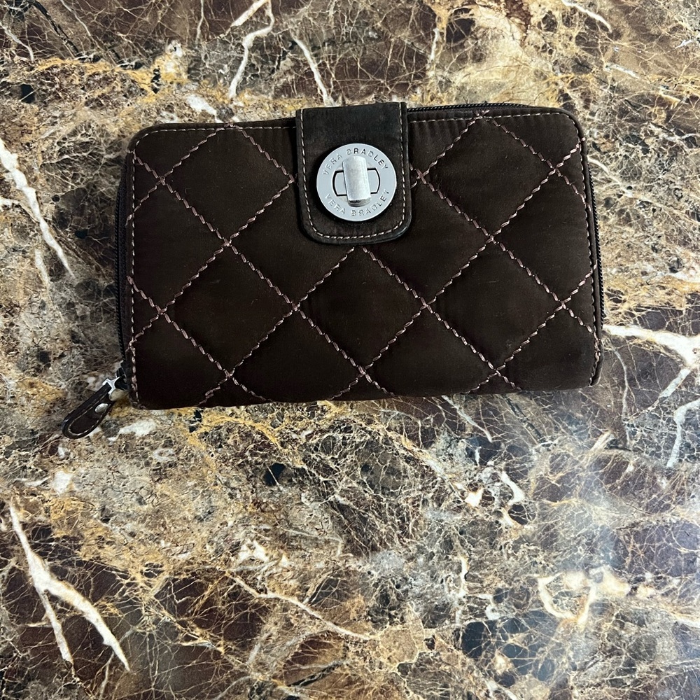 Vera Bradley Brown Quilted Turn Lock Organizer Wallet Zip Around Clutch